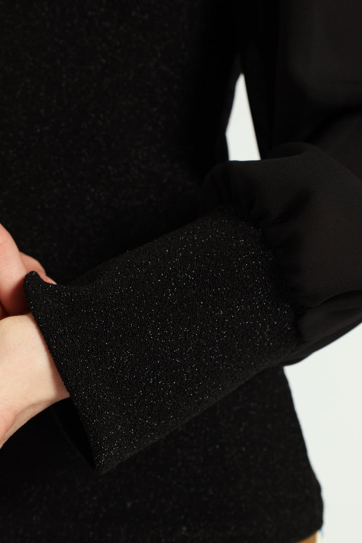Crew Neck Shimmer Combo Blouse - Black