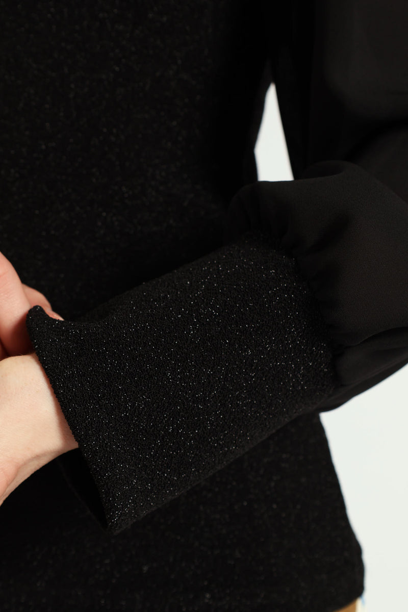Crew Neck Shimmer Combo Blouse - Black