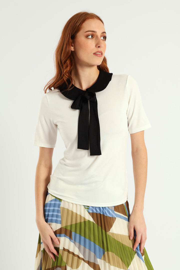 Peter Pan Tie Up Blouse - Cream/Black