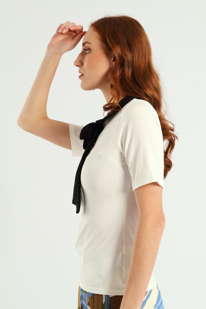 Peter Pan Tie Up Blouse - Cream/Black