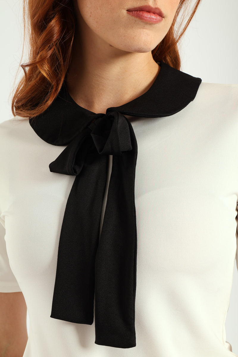 Peter Pan Tie Up Blouse - Cream/Black