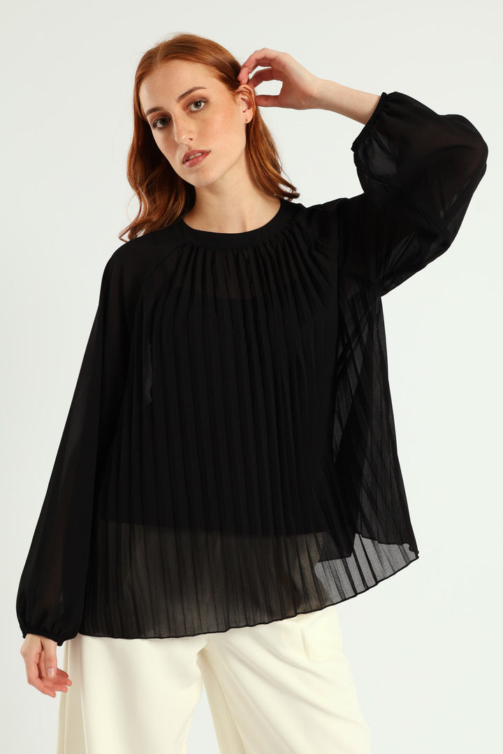 High Neck Pleated Chiffon Blouse - Black