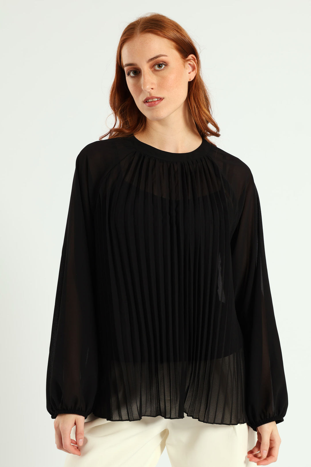 High Neck Pleated Chiffon Blouse - Black