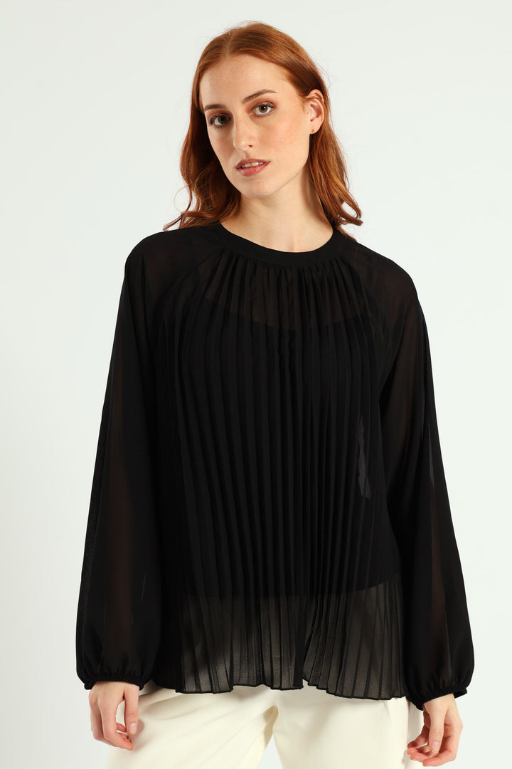 High Neck Pleated Chiffon Blouse - Black