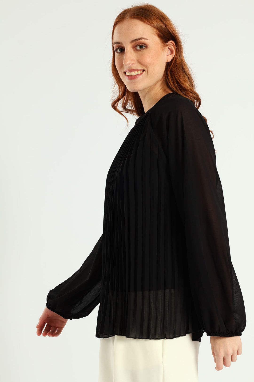 High Neck Pleated Chiffon Blouse - Black