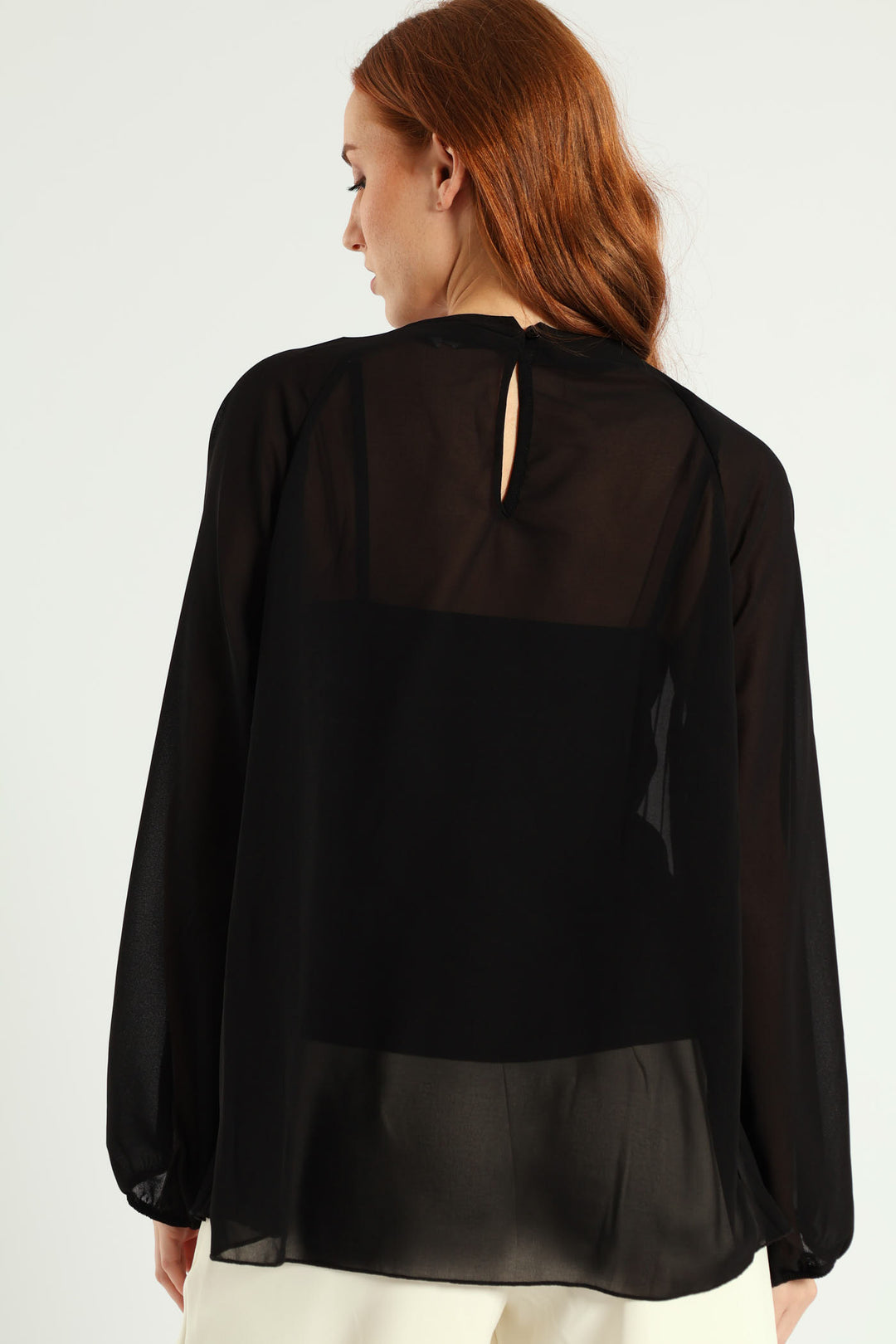High Neck Pleated Chiffon Blouse - Black