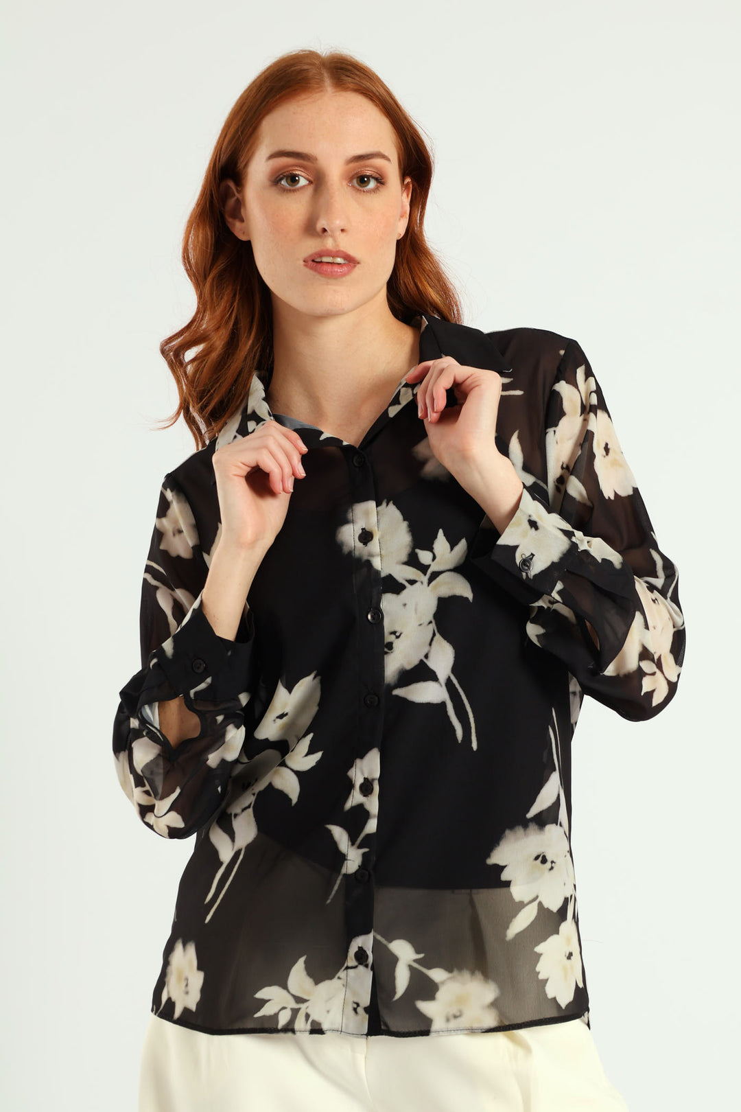 Monochrome Bold Floral Chiffon Shirt - Black