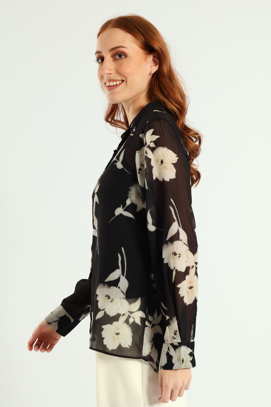 Monochrome Bold Floral Chiffon Shirt - Black