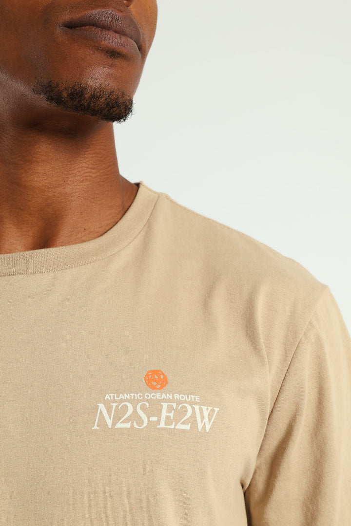 Atlantic Ocean Route Front & Back Print Tee - Taupe