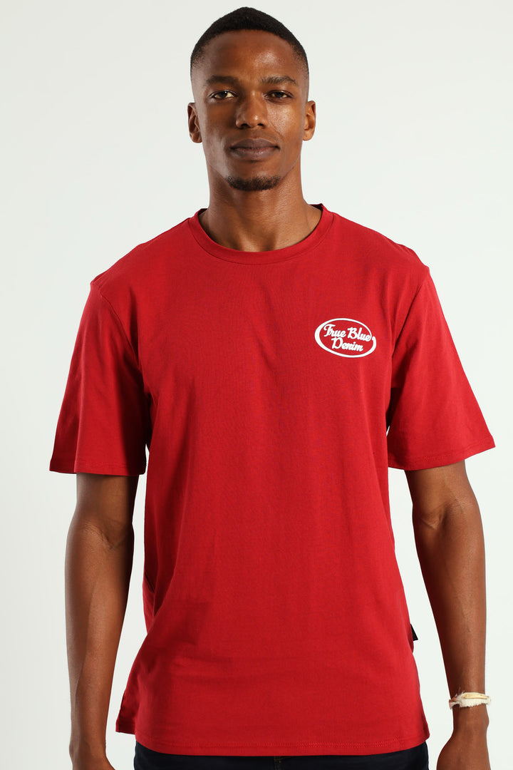 True Blue Denim Front & Back Tee - Dark Red