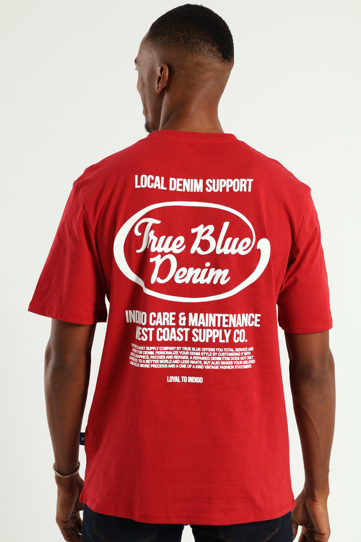 True Blue Denim Front & Back Tee - Dark Red