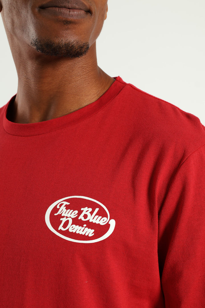 True Blue Denim Front & Back Tee - Dark Red
