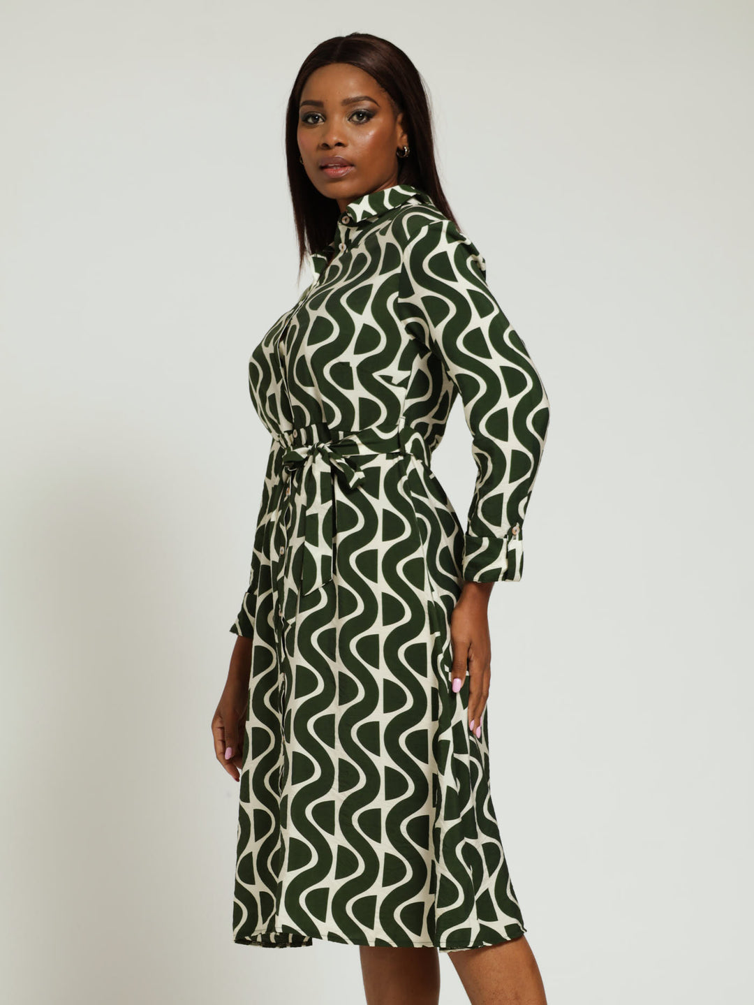 Long Sleeve Midi Belted Shirt Dress White/Green - Main Image