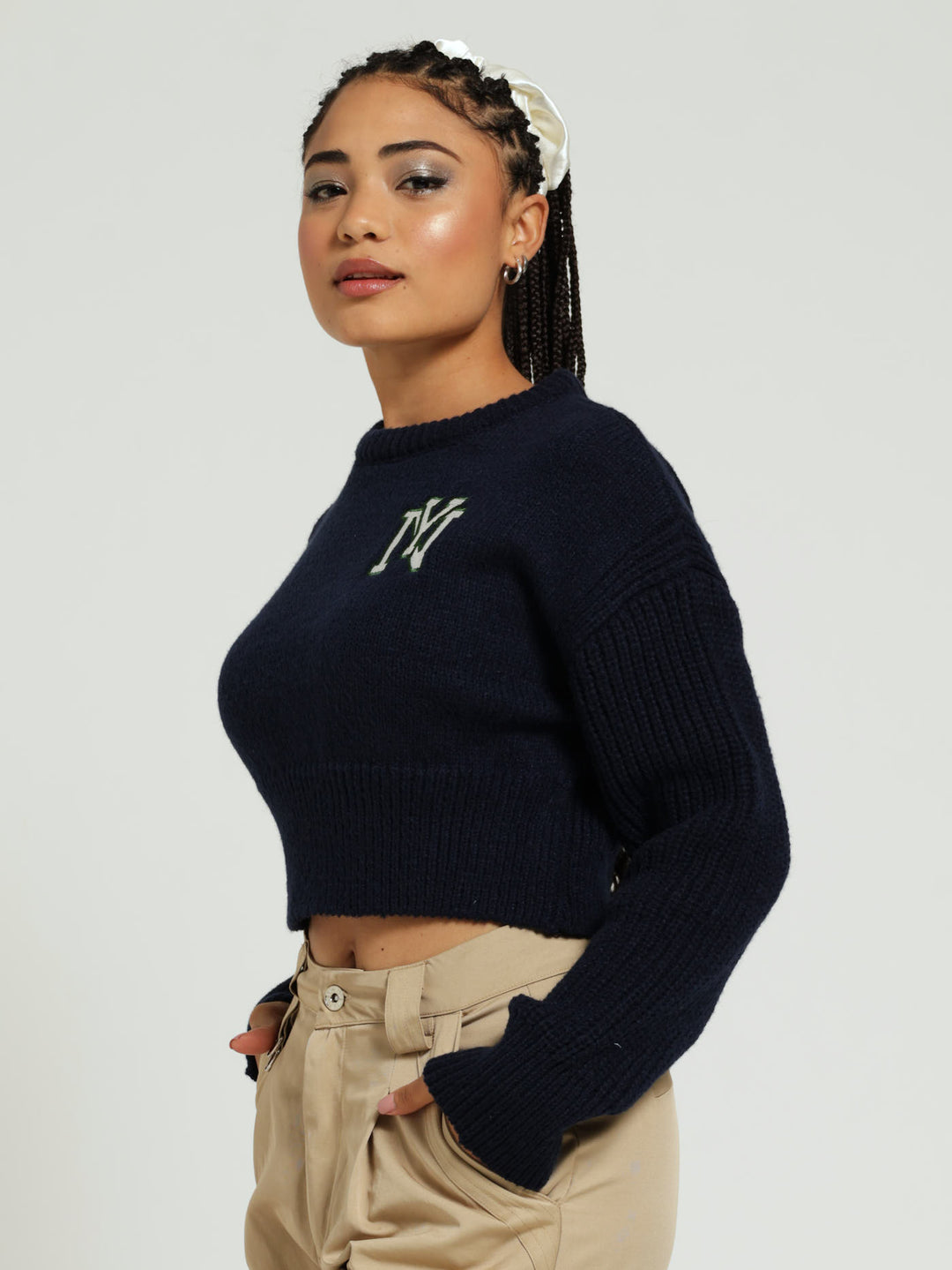 Crew Knit Crop Top - Navy