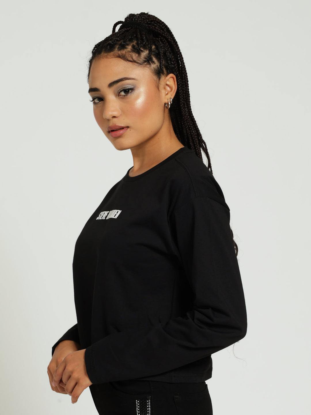Kim Boxy Long Sleeve Logo Tee - Black