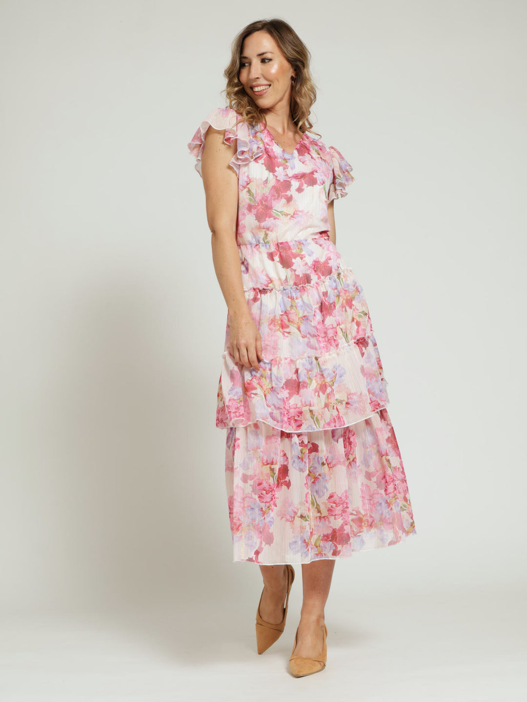 V-Neck Tiered Flutter Sleeve Maxi Dress Pink - Main Image