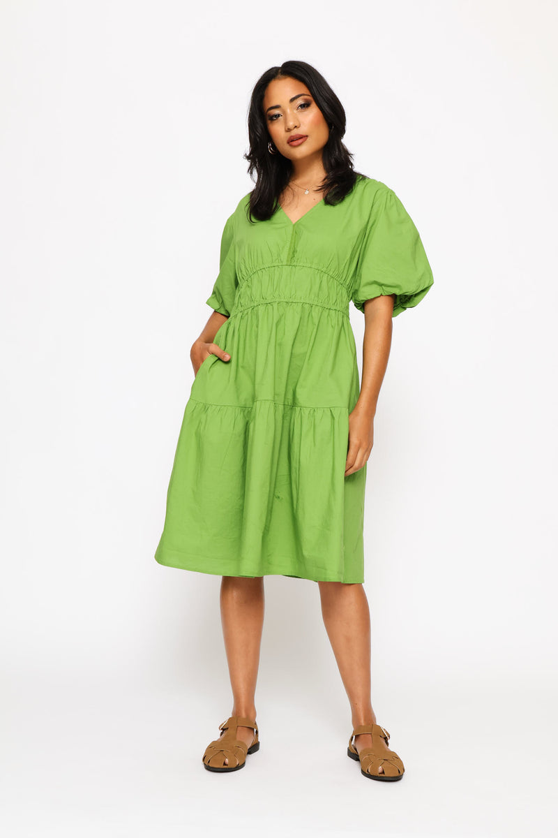Bubble Sleeve V-Neck Tiered Mini Dress - Meadow Green