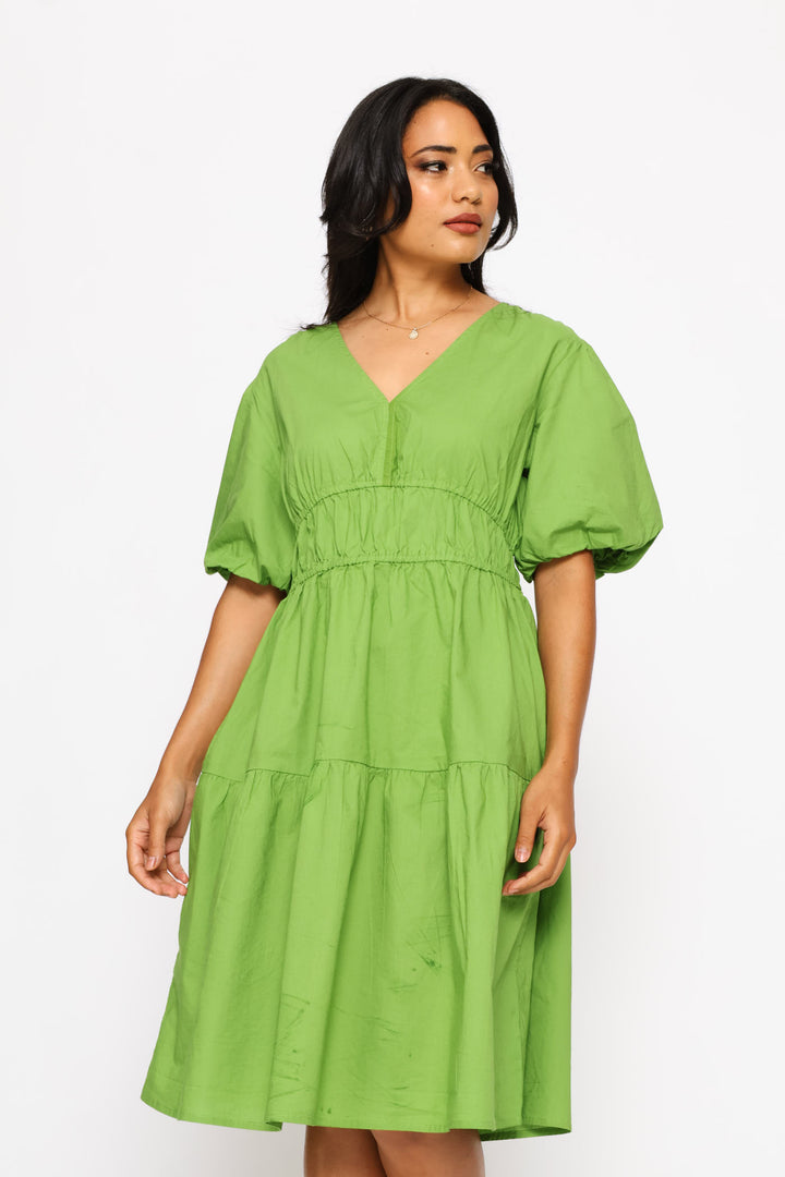 Bubble Sleeve V-Neck Tiered Mini Dress - Meadow Green