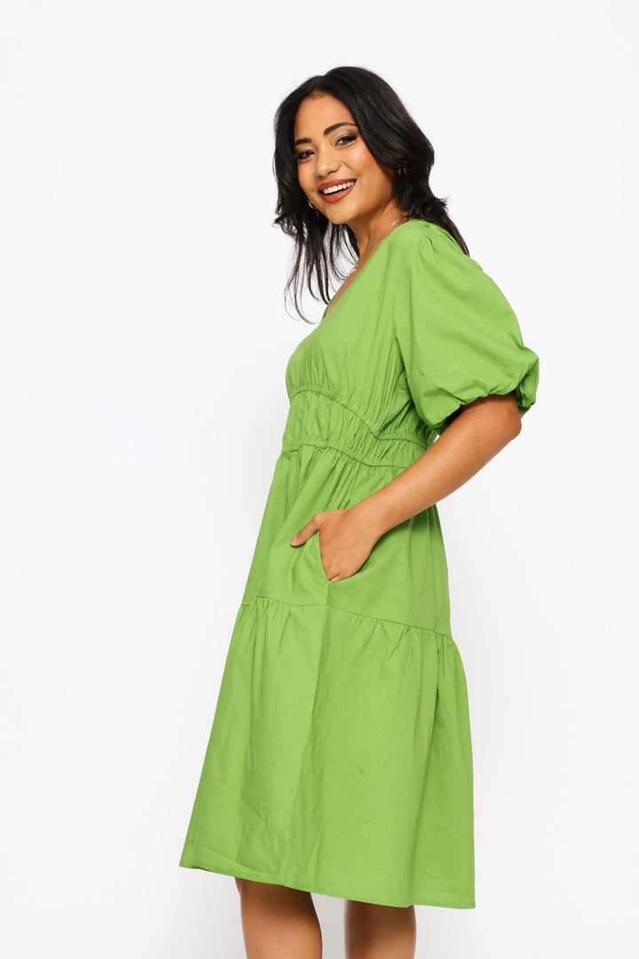 Bubble Sleeve V-Neck Tiered Mini Dress - Meadow Green