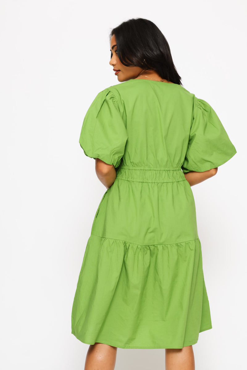Bubble Sleeve V-Neck Tiered Mini Dress - Meadow Green