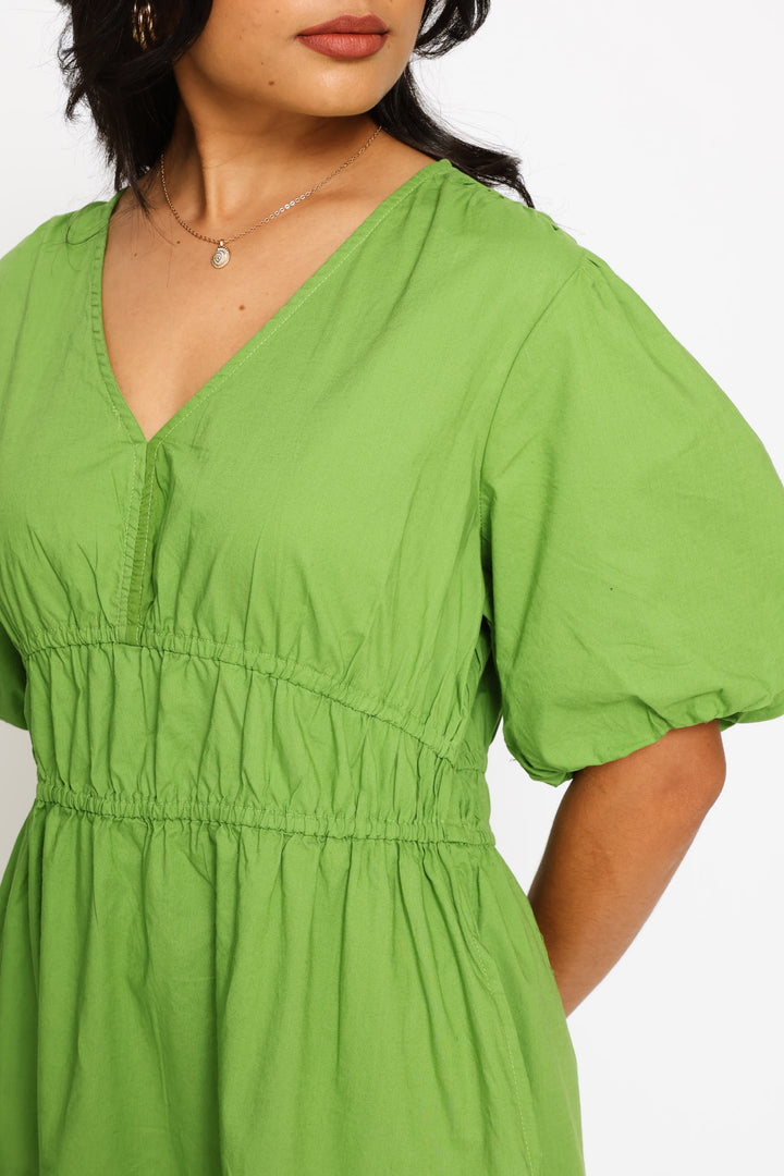 Bubble Sleeve V-Neck Tiered Mini Dress - Meadow Green
