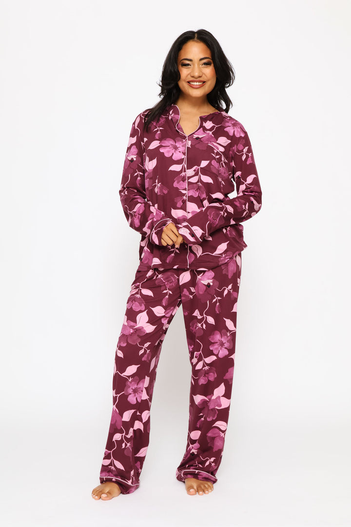 Floral Long Sleeve Top & Print Pant Sleep Set - Burgundy