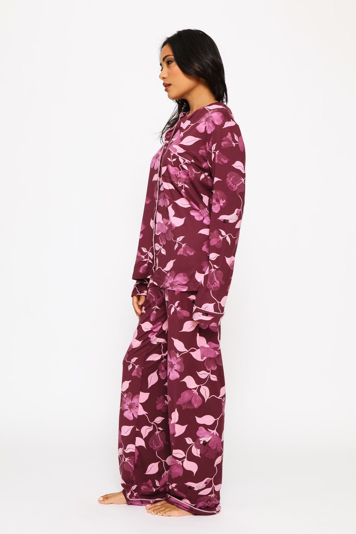 Floral Long Sleeve Top & Print Pant Sleep Set - Burgundy