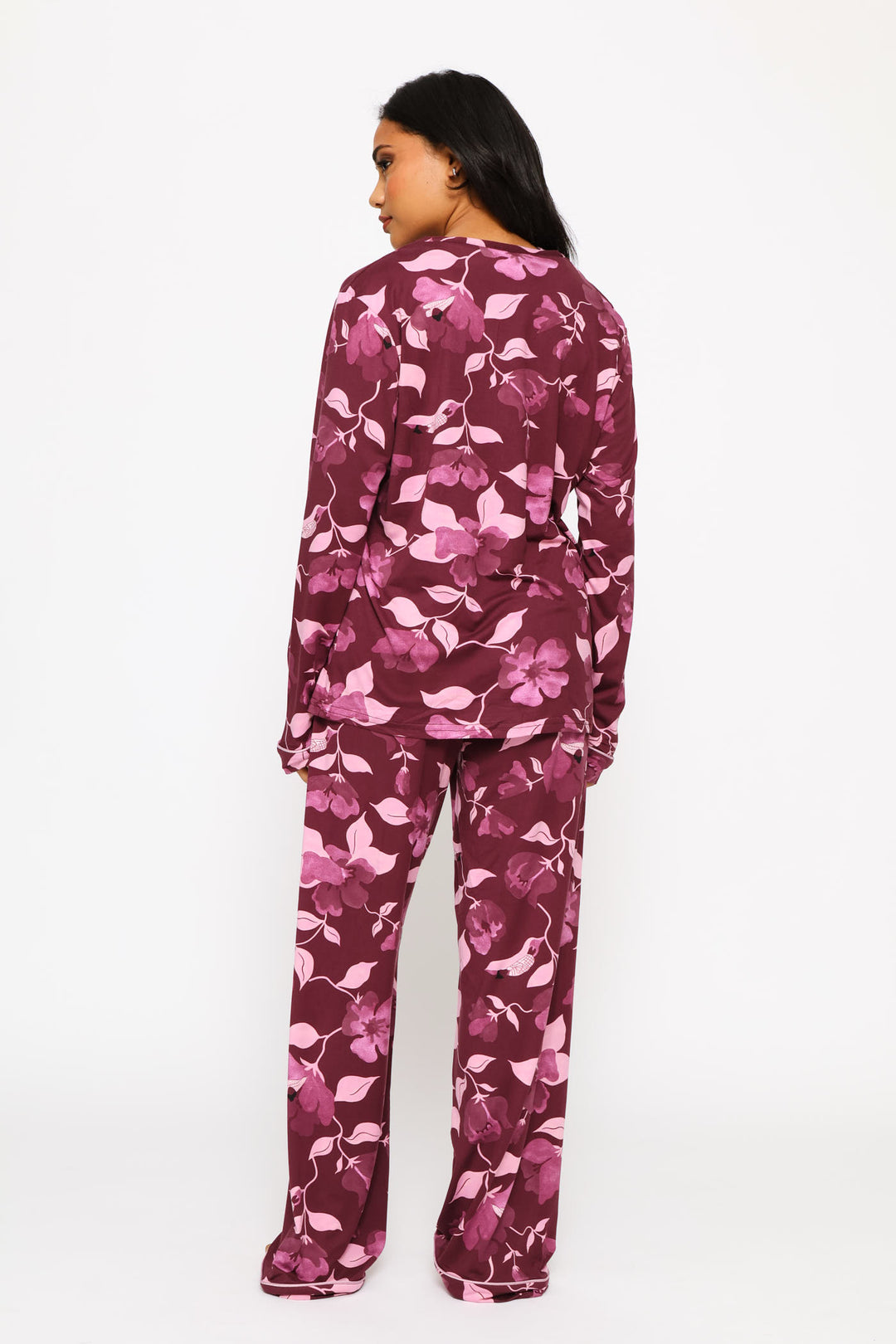 Floral Long Sleeve Top & Print Pant Sleep Set - Burgundy