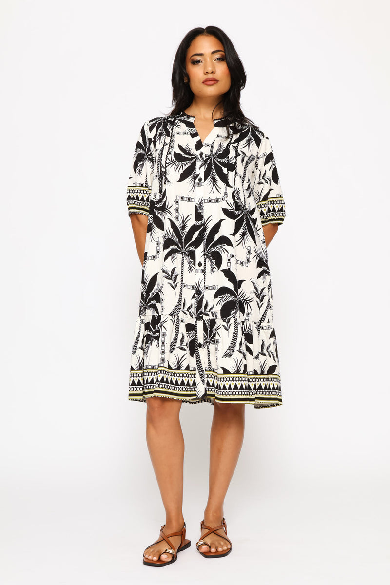 Key Hole Border Print Wide Tiered Midi Dress - Ivory