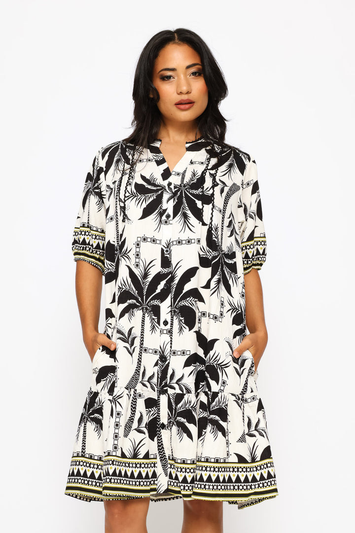 Key Hole Border Print Wide Tiered Midi Dress - Ivory