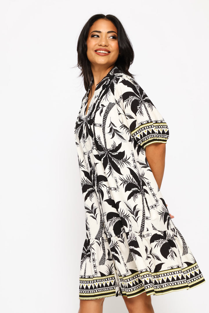 Key Hole Border Print Wide Tiered Midi Dress - Ivory