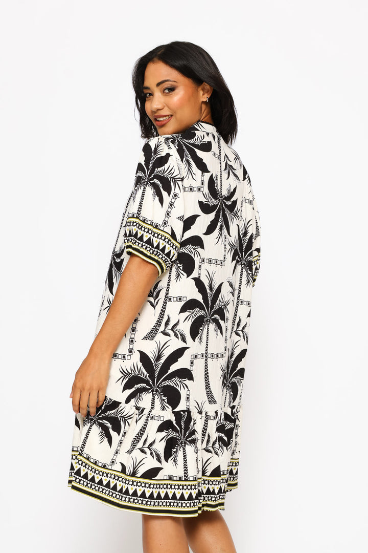 Key Hole Border Print Wide Tiered Midi Dress - Ivory