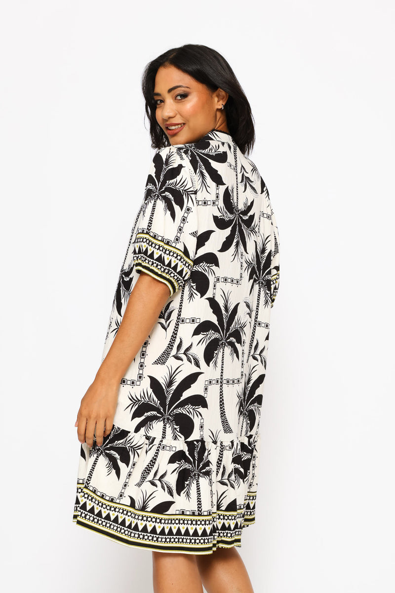 Key Hole Border Print Wide Tiered Midi Dress - Ivory