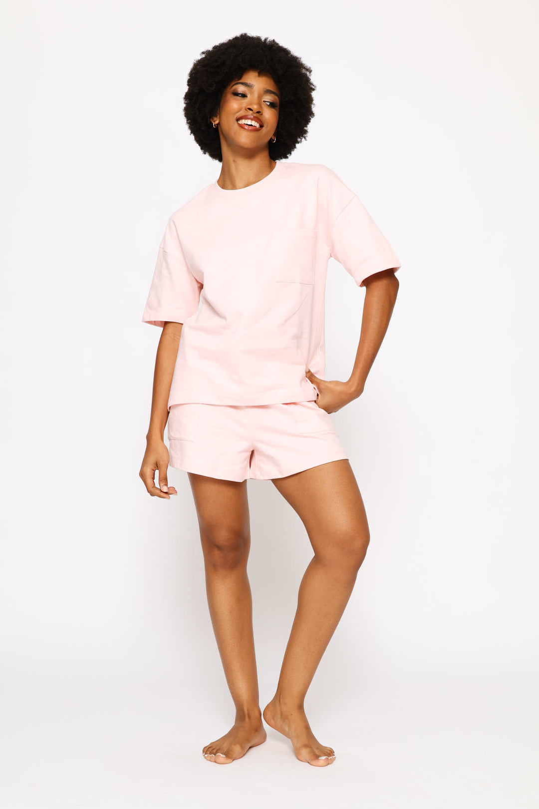 Short Sleeve Top & Short Unbrushed Fleece Sleep Set - Light Pink