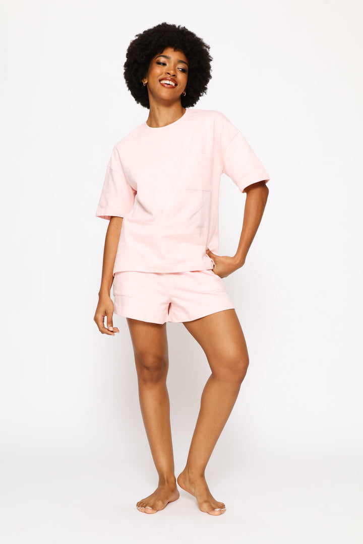 Short Sleeve Top & Short Unbrushed Fleece Sleep Set - Light Pink