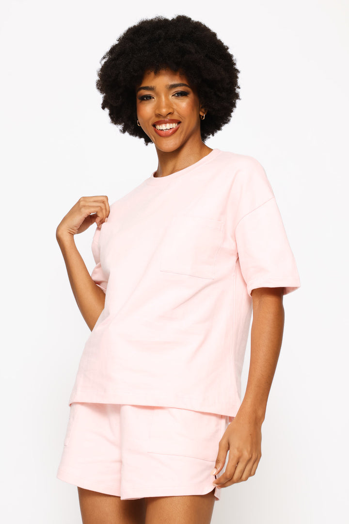 Short Sleeve Top & Short Unbrushed Fleece Sleep Set - Light Pink