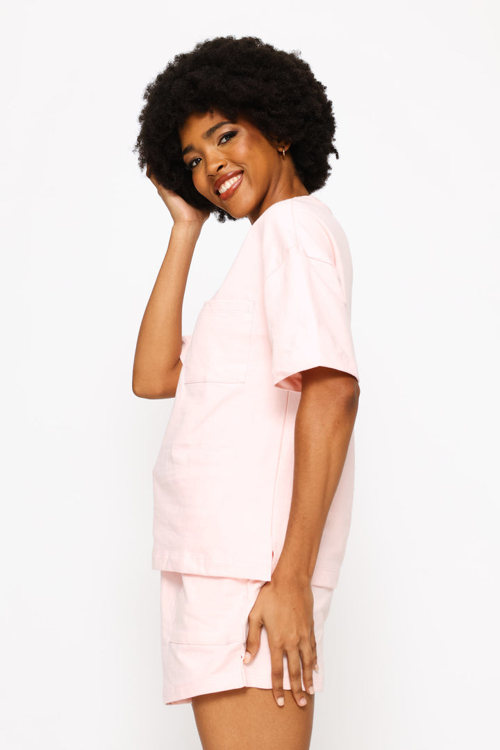 Short Sleeve Top & Short Unbrushed Fleece Sleep Set - Light Pink