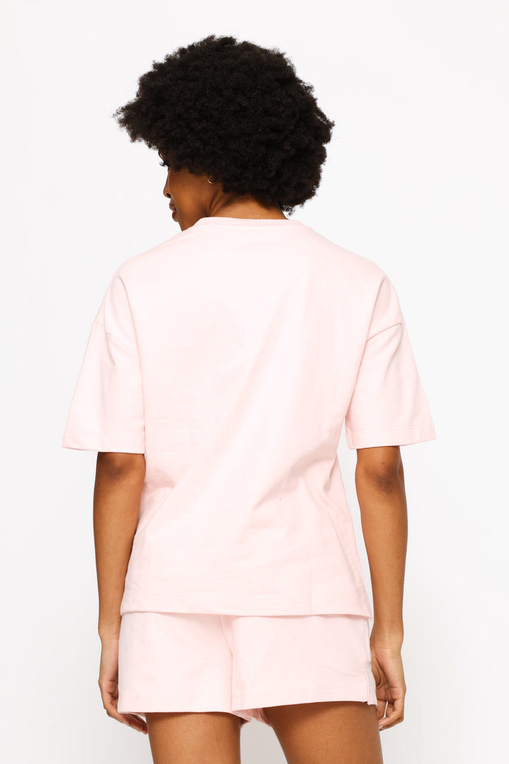 Short Sleeve Top & Short Unbrushed Fleece Sleep Set - Light Pink