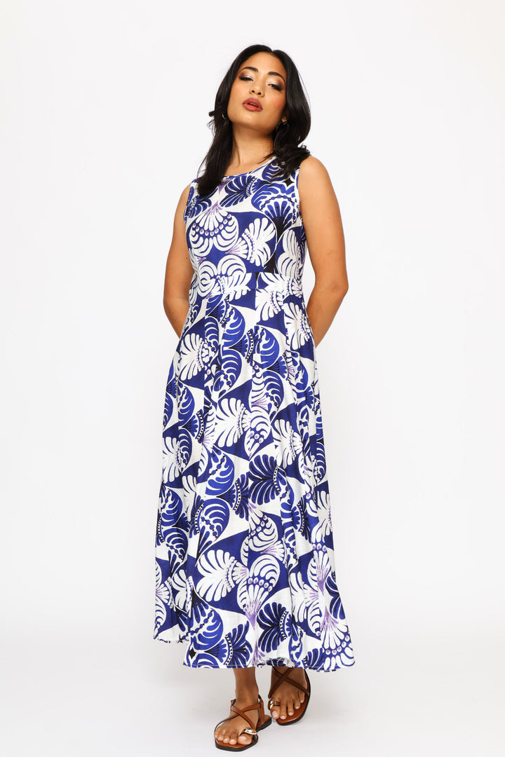 Round Neck Pleat Detail A-Line Maxi Dress - Navy