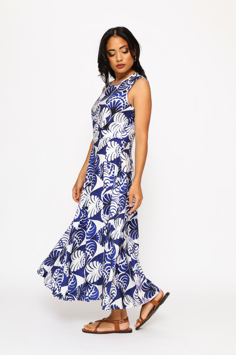 Round Neck Pleat Detail A-Line Maxi Dress - Navy