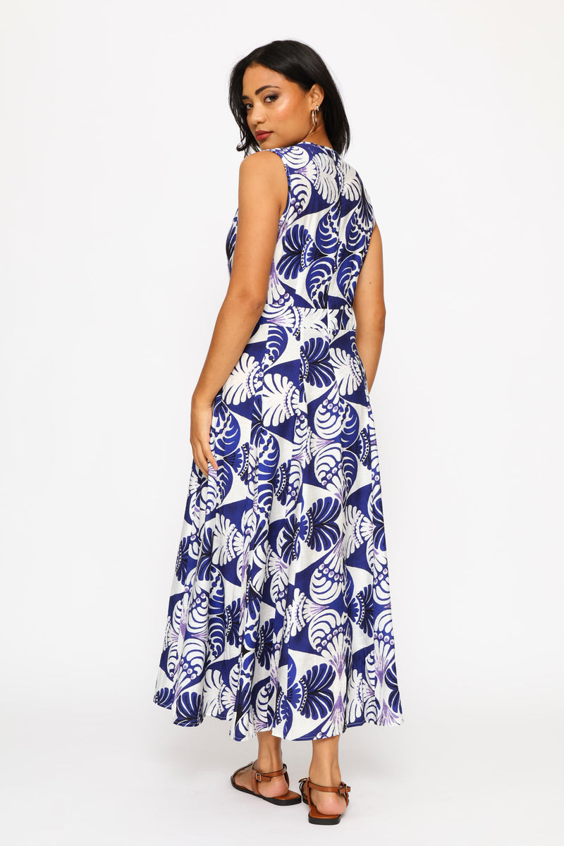 Round Neck Pleat Detail A-Line Maxi Dress - Navy