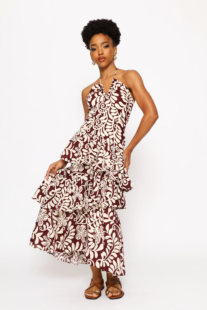 Backless Woven Dress - Brown/Cream