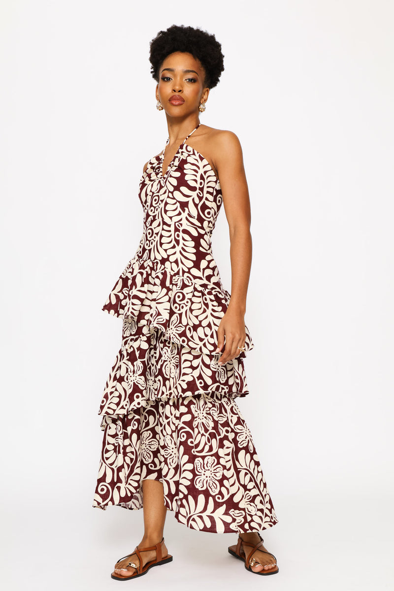 Backless Woven Dress - Brown/Cream