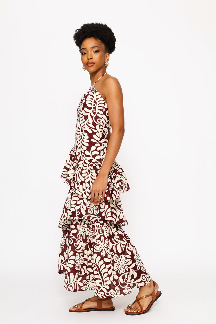 Backless Woven Dress - Brown/Cream