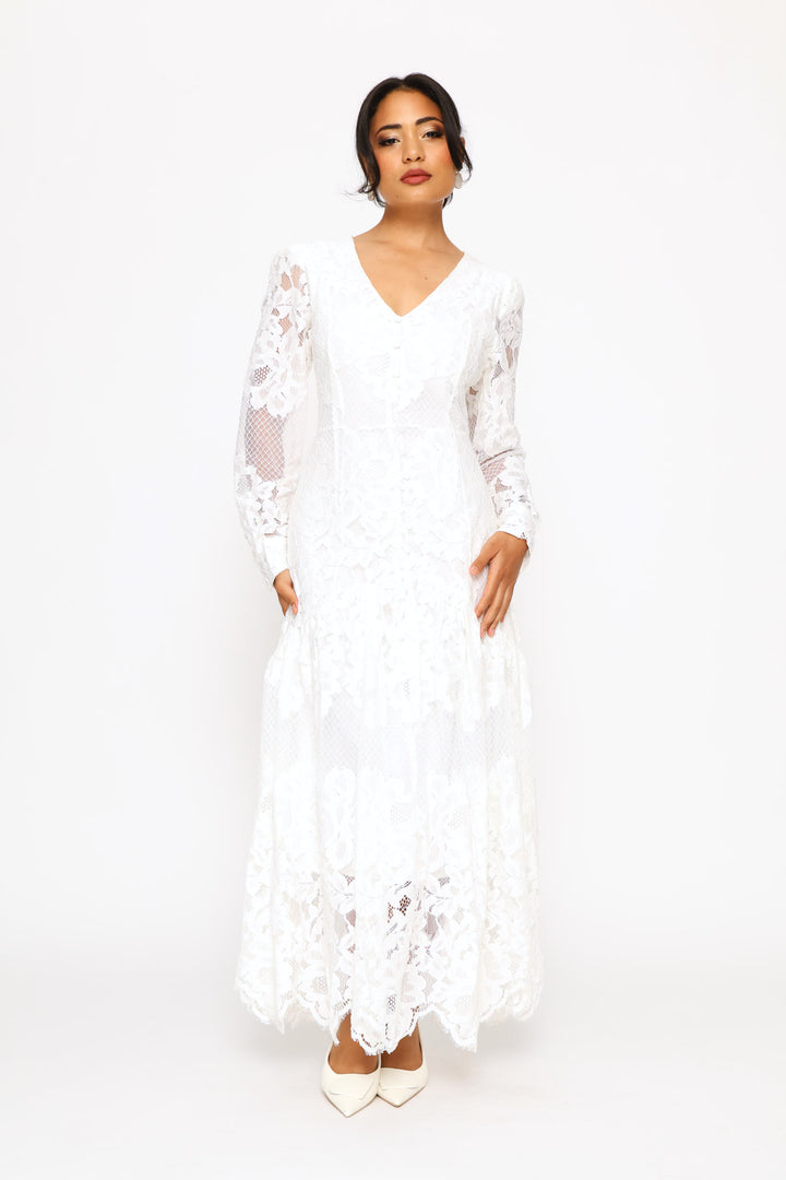 V-Neck Lace Maxi Dress - White