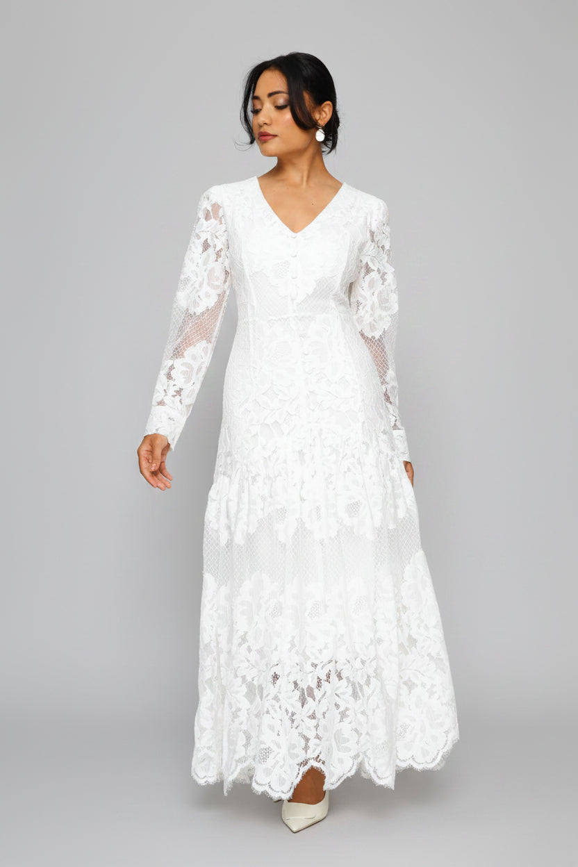 V-Neck Lace Maxi Dress - White