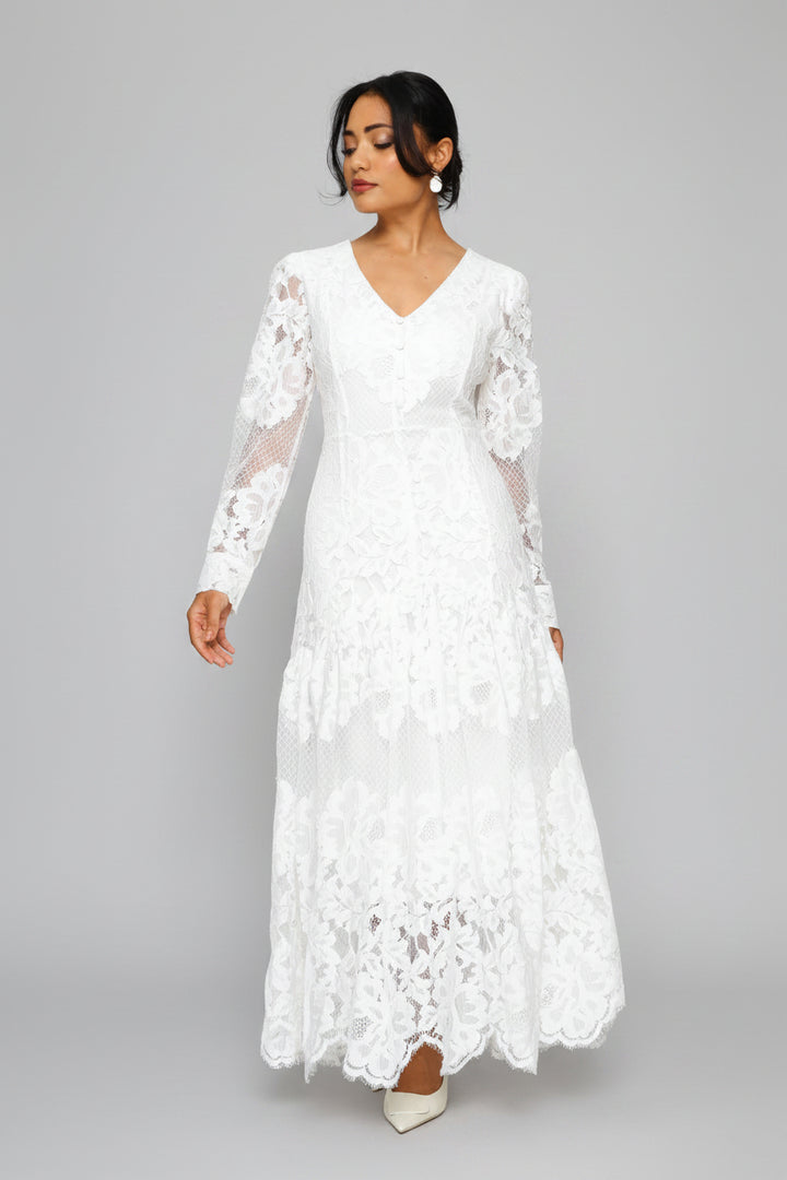 V-Neck Lace Maxi Dress - White