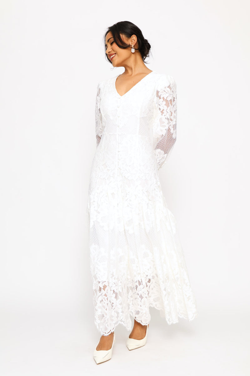 V-Neck Lace Maxi Dress - White