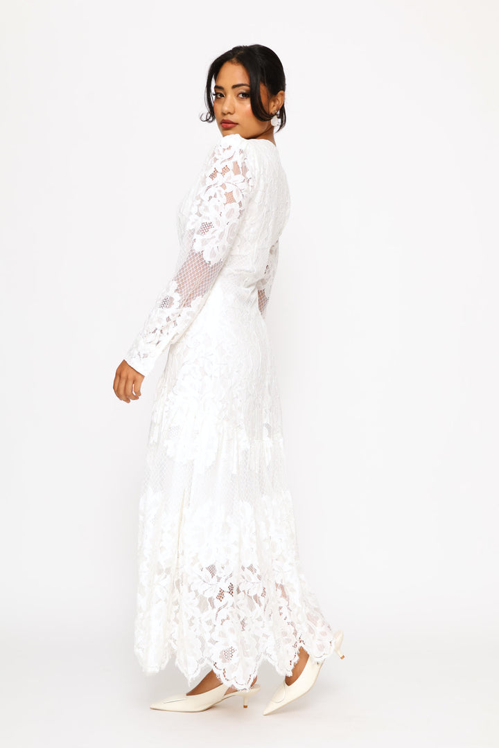 V-Neck Lace Maxi Dress - White