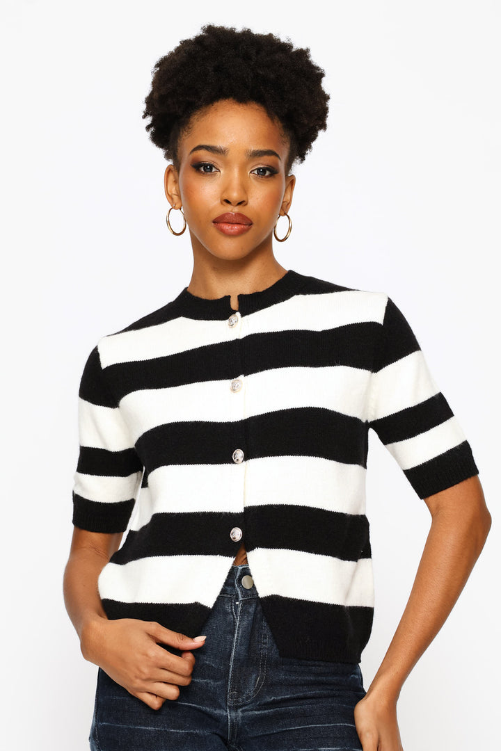 Short Sleeve Round Neck Cardigan - White/Black